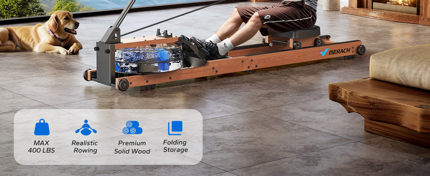 Foldable Water Rowing Machine | Wooden Home Gym Rower with App & LCD Monitor