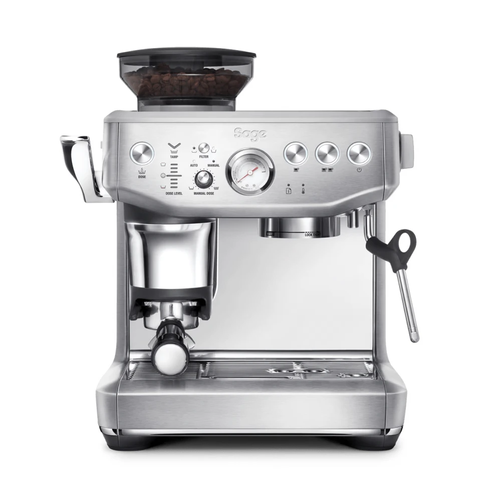 Silver espresso machine with a red and white logo on a white background