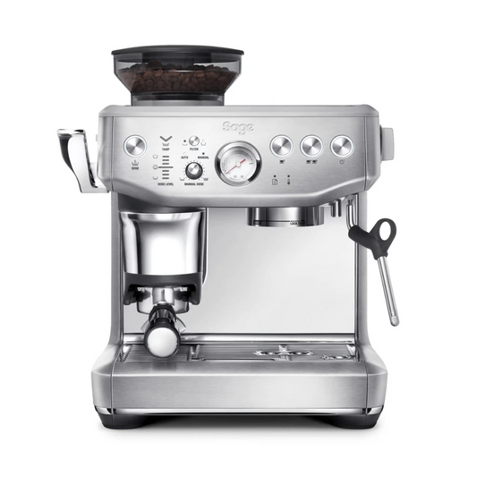 Silver espresso machine with a red and white logo on a white background