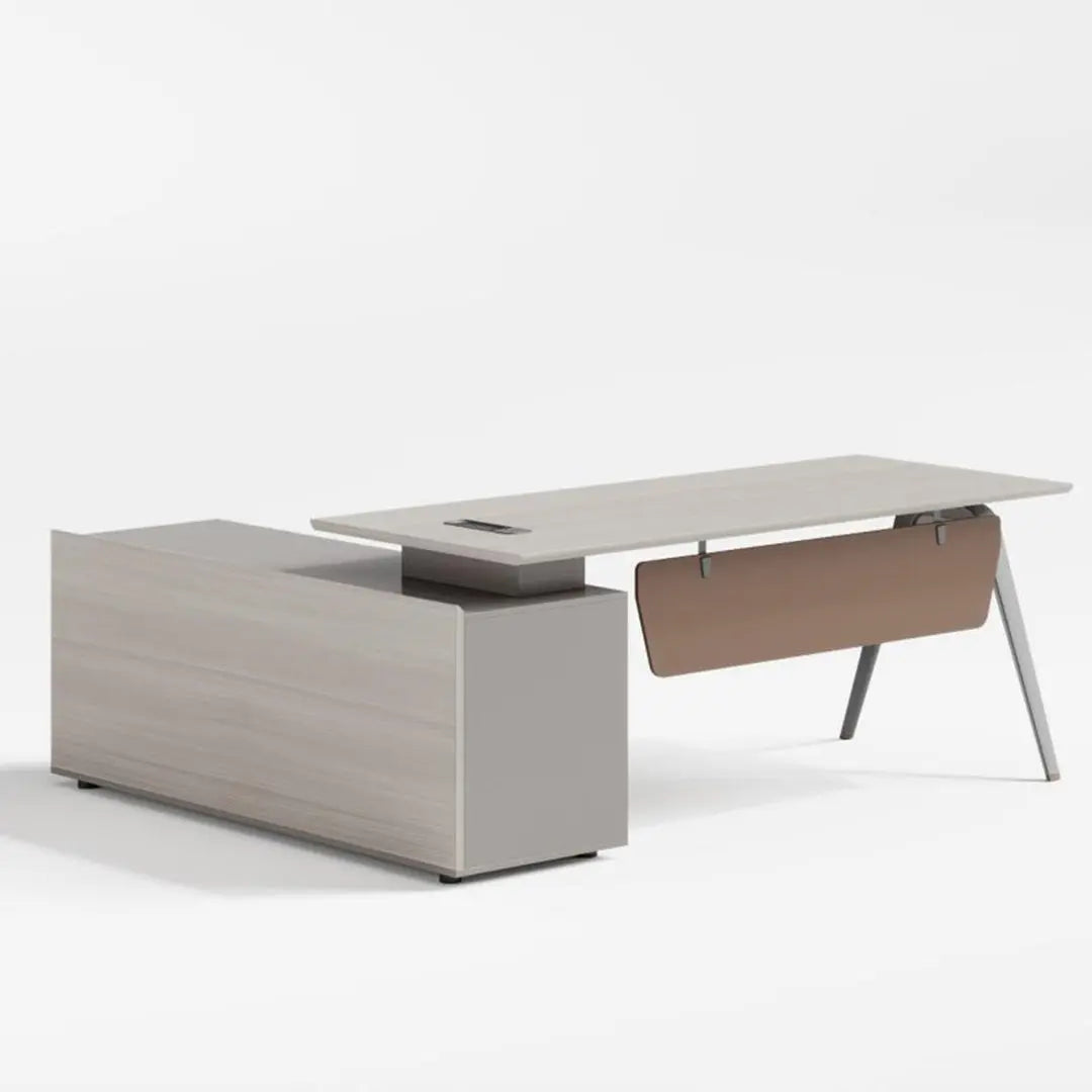 Executive Office Table YD‑160 – Matt White HDF Desk with Side Table, Cabinets & Metal Frame