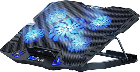 TopMate C5 Laptop Cooling Pad Gaming Notebook Cooler, Laptop Fan Cooling Stand Adjustable Height with 5 Quiet Fans Blue LED Light, Computer Chill Mat with LCD Controller, for 10-15.6 Inch Laptops - COOLBABY