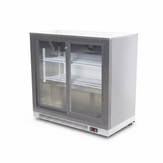 Commercial refrigerator with glass door on a white background
