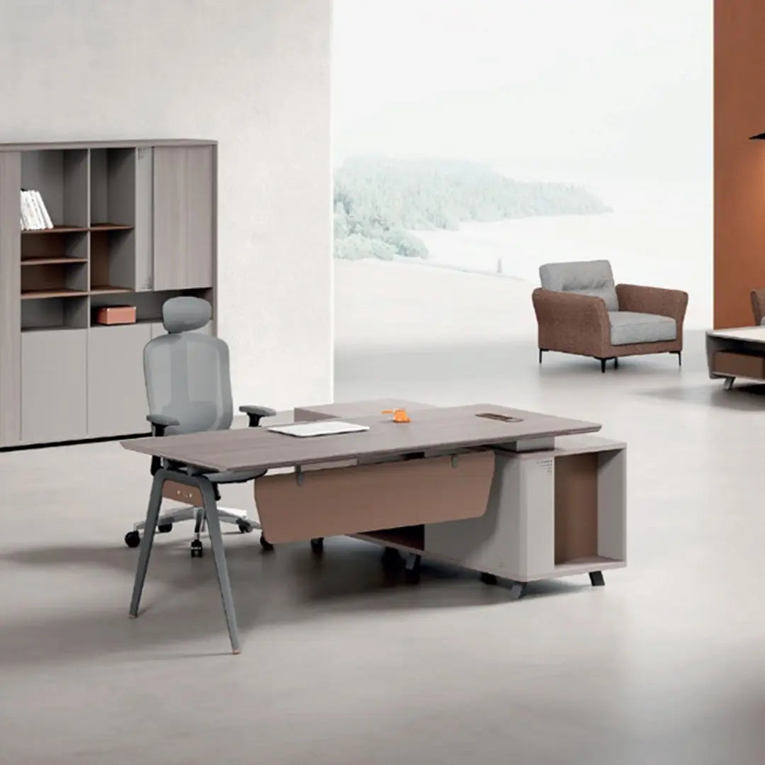 Executive Office Table YD‑180 – Matt White HDF Desk with Side Table, Cabinets & Metal Frame