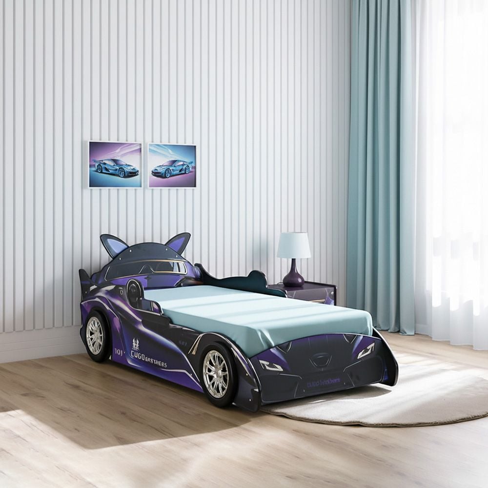 Cugo Brothers 90×190 Car Bed – Purple & Black, Engineered Wood, Melamine Finish, Slatted Base - COOLBABY