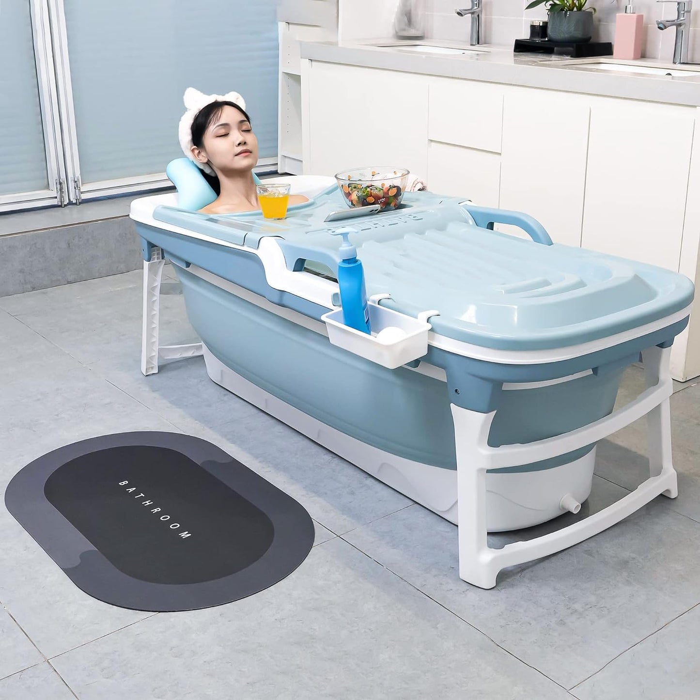 Foldable Bathtub – Portable Bathtub for Adults Collapsible Freestanding Bathtub with Drainage – Ergonomic Portable Tub with Foot Massager and Towel Holder - COOLBABY