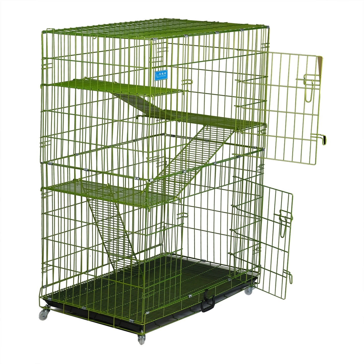 Cat Cage With 3 Layer Litter Box W/ Hammock & Wheels, XL - Green - COOLBABY