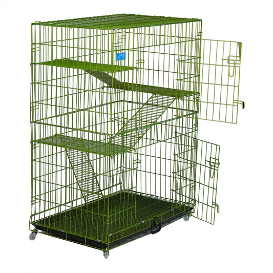 Cat Cage With 3 Layer Litter Box W/ Hammock & Wheels, XL - Green - COOLBABY