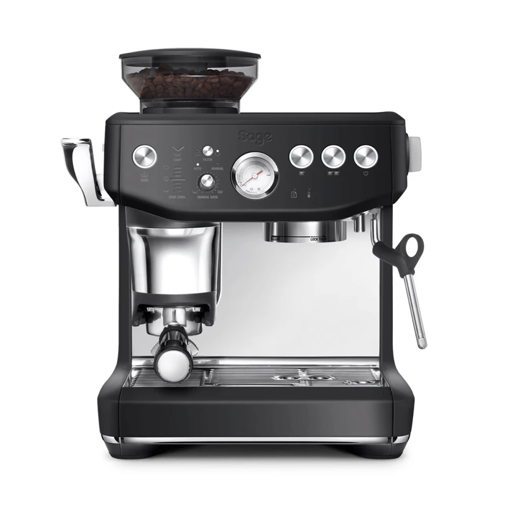 Black espresso machine with a grinder on top, featuring the Red Dot Award logo.