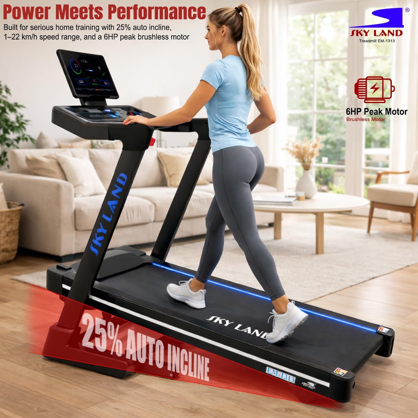 SKY LAND EM‑1313 Heavy‑Duty Foldable Home Treadmill – 3.5HP Brushless Motor (6HP Peak), 25% Auto Incline, 1–22 km/h Speed, Smart LED Console, Bluetooth App & Speakers, 150×58 cm Running Deck – Black - COOLBABY