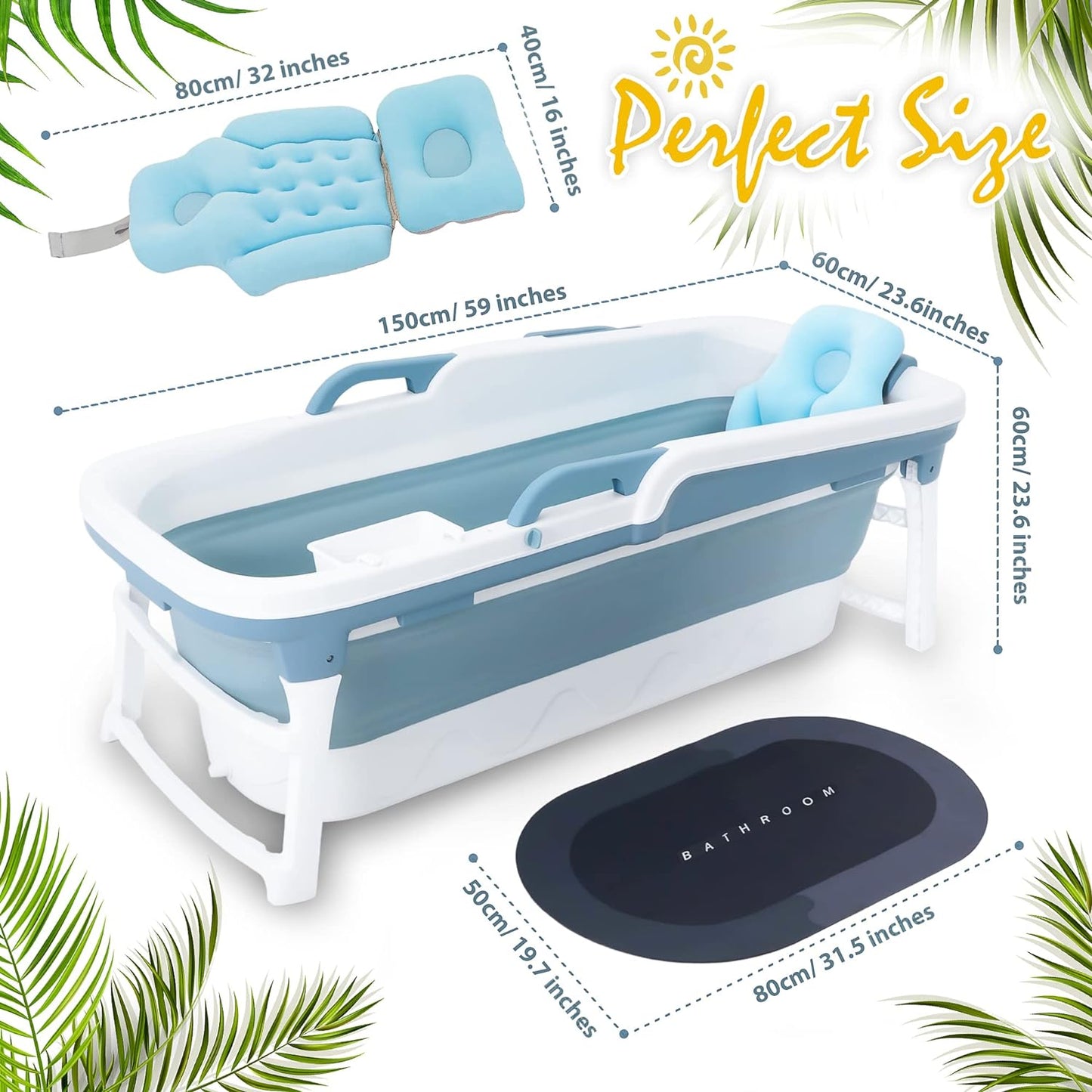 Foldable Bathtub – Portable Bathtub for Adults Collapsible Freestanding Bathtub with Drainage – Ergonomic Portable Tub with Foot Massager and Towel Holder - COOLBABY