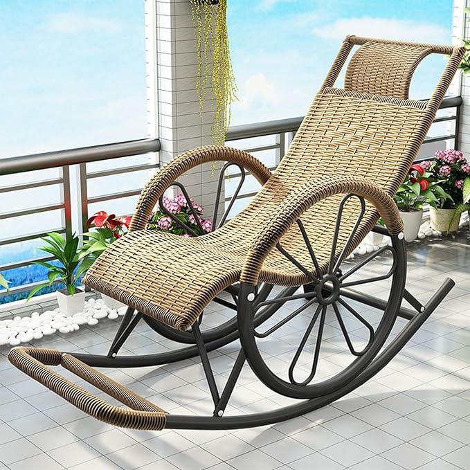 Outdoor rocking chair, high back rattan patio rocking chair, 300kg support, all weather porch rocking chair, suitable for lawn, backyard, indoor, garden (brown) - COOLBABY