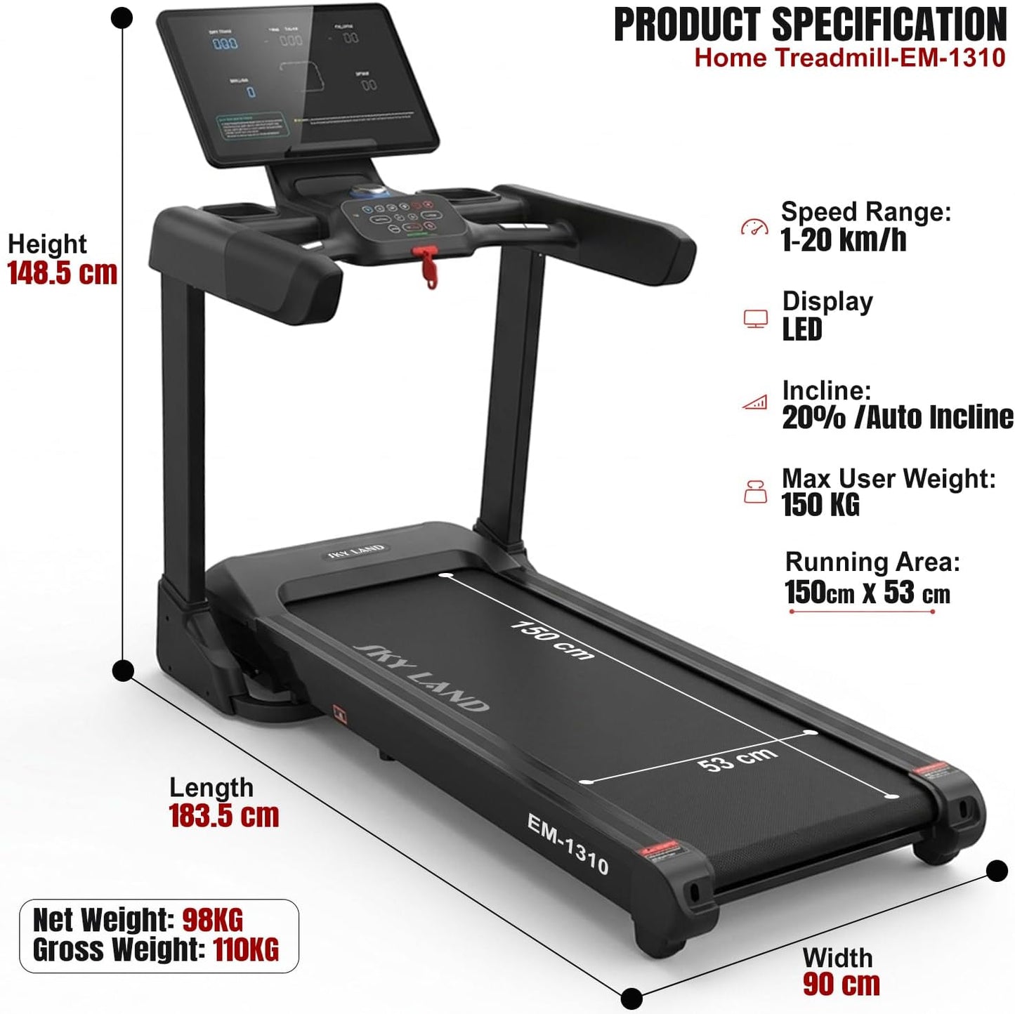 SKY LAND EM‑1310 Heavy‑Duty Foldable Home Treadmill 1–20 km/h Speed, Built‑In Speakers, 150 kg Capacity – Black