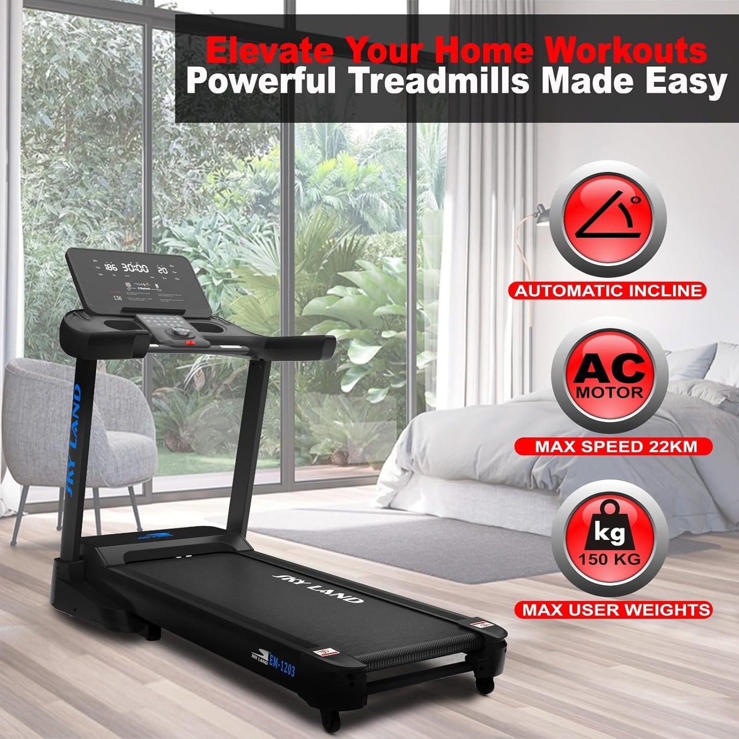 SKY LAND Fitness Treadmill - AC Motor Treadmill 7 HP Peak, Bluetooth, Auto Incline (20%), Max 150 kg - Premium Quality Treadmill for Home and Semi-Commercial Use | Treadmill With Multi App Support - COOLBABY