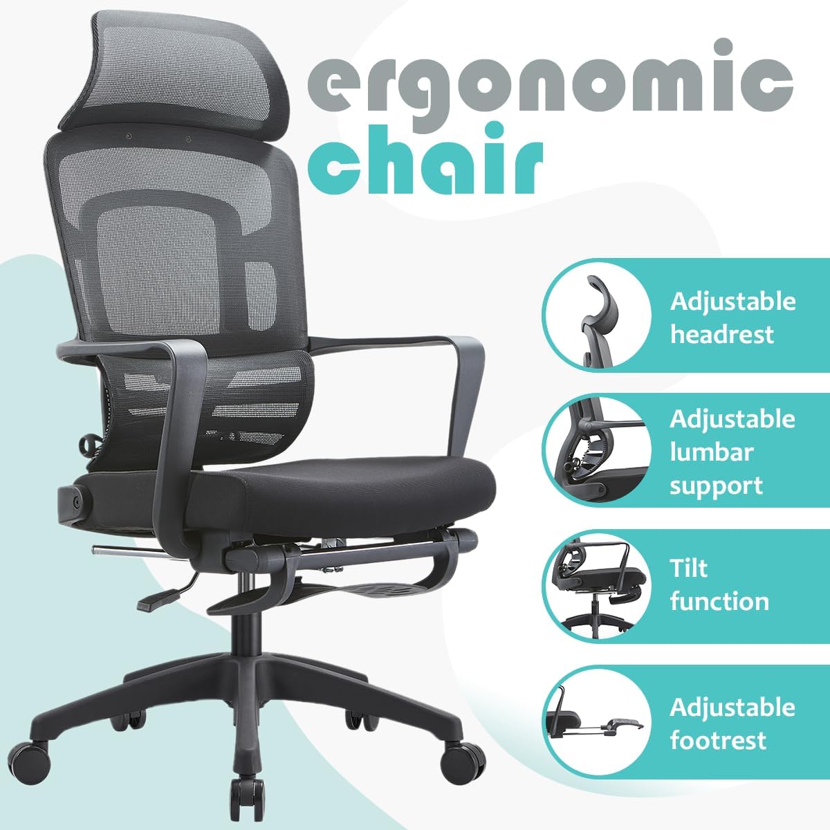 Ergonomic office chair, Retractable Footrest and Adjustable back support, Chair for Home Office, Adjustable rolling swivel office chair with armrest and headrest, Executive chair Black - COOLBABY