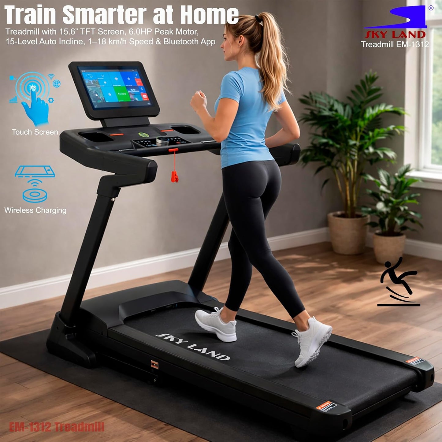 SKY LAND EM‑1312 Premium Foldable Home Treadmill – 6.0HP Peak Motor, 1–18 km/h Speed, Bluetooth App, Wireless Charging – Black