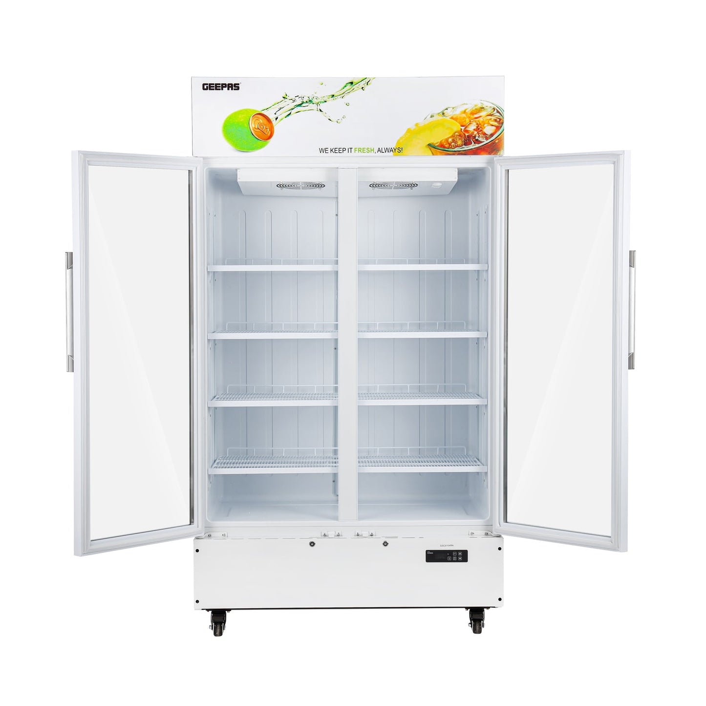 Double Door Showcase Chiller 700L – No Frost Fan Cooling with LED Temperature Control