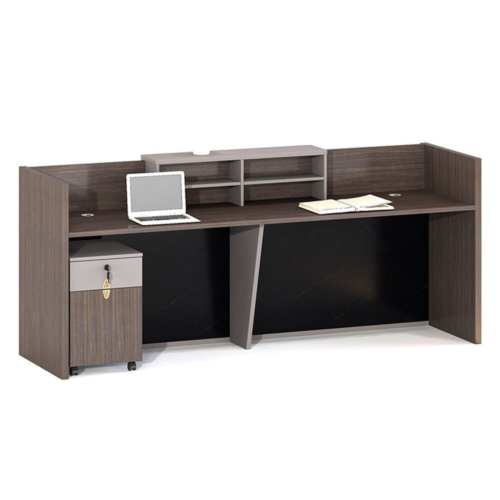 Neo Front Reception Table Wooden Office Reception Desk With Drawers, Brown - COOLBABY