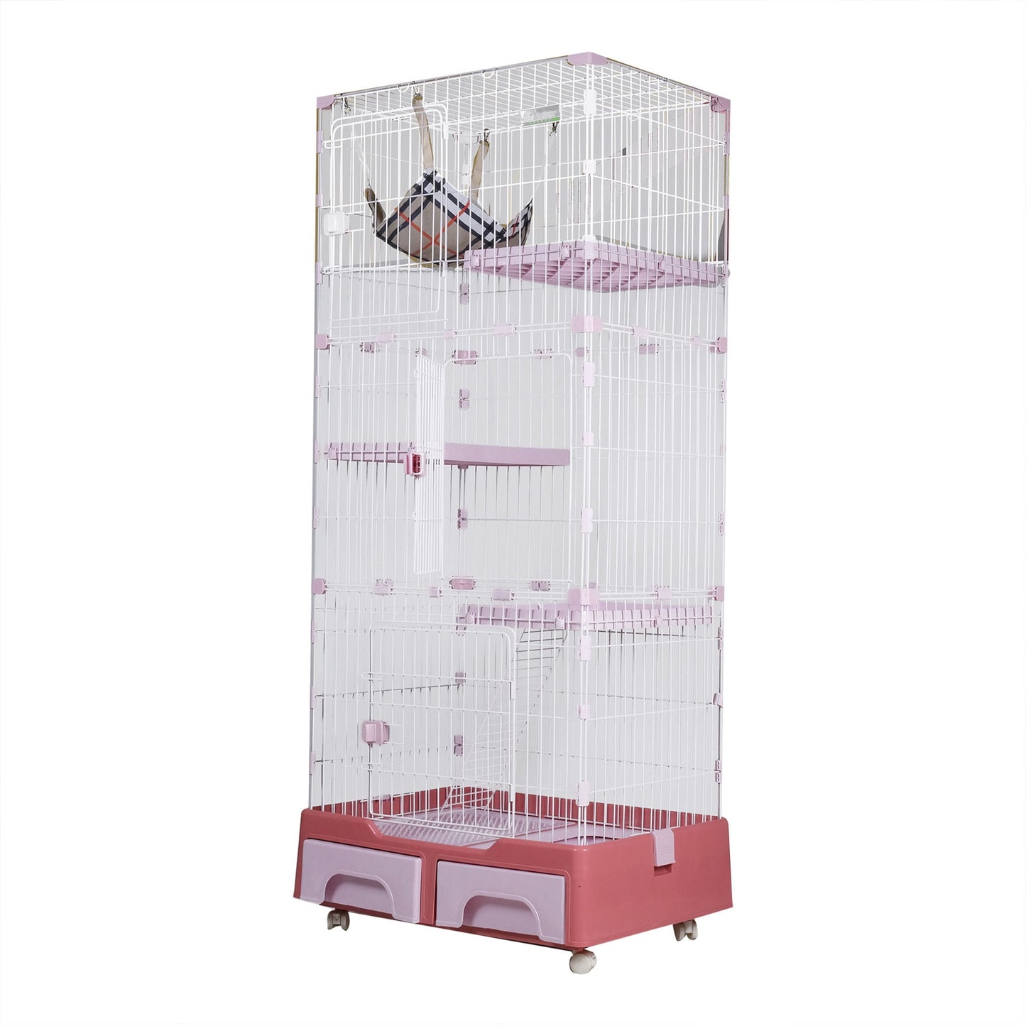 Cat Cage With 4 Layer Litter Box W/ Swing & Wheels, XL - Pink - COOLBABY