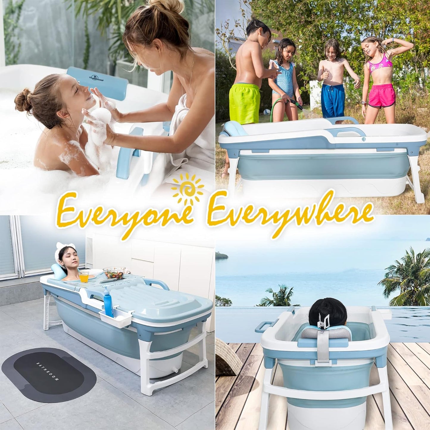 Foldable Bathtub – Portable Bathtub for Adults Collapsible Freestanding Bathtub with Drainage – Ergonomic Portable Tub with Foot Massager and Towel Holder - COOLBABY