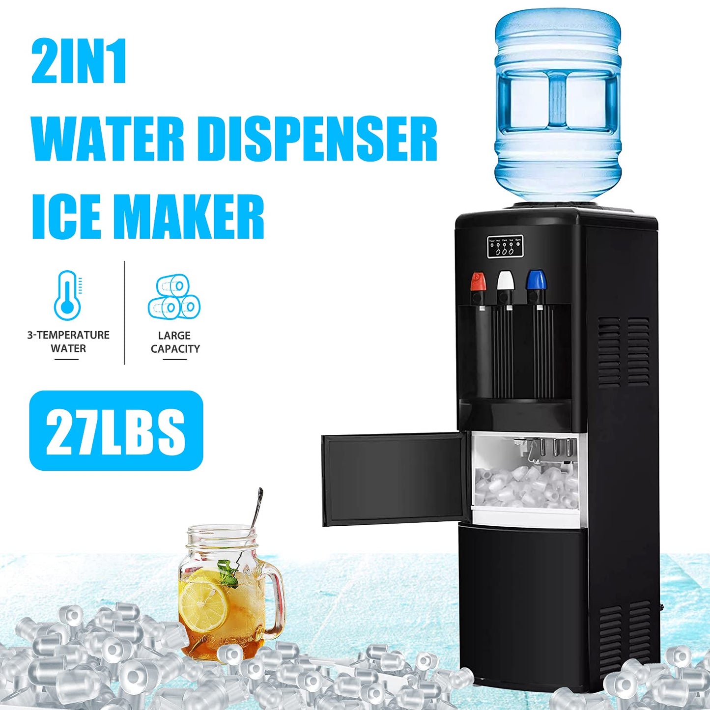 2-in-1 Water Cooler Dispenser with Built-in Ice Maker, Electric Hot Cold Water Cooler, 27LBS/24H Ice Maker Machine with Child Safety Lock (Black) - COOLBABY