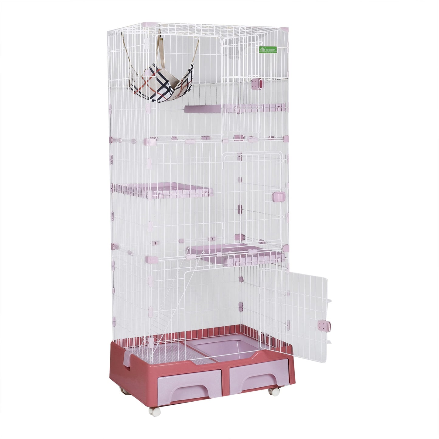 Cat Cage With 4 Layer Litter Box W/ Swing & Wheels, XL - Pink - COOLBABY