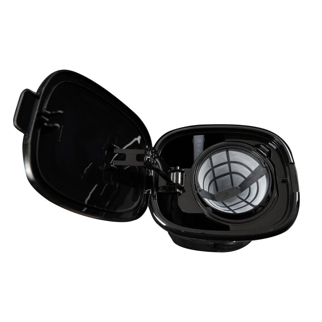 Black coffee filter with open lid on a white background