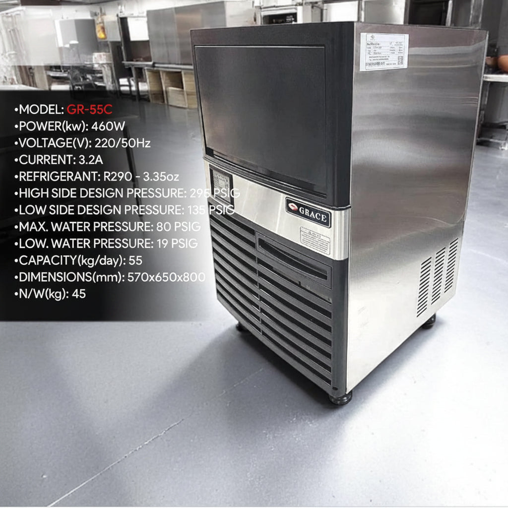 Commercial Ice Cube Maker – 55kg/Day Output, 20–25kg Storage, R290 Refrigerant, Dual Water Inlet, 220V Stainless Steel Ice Machine - COOLBABY