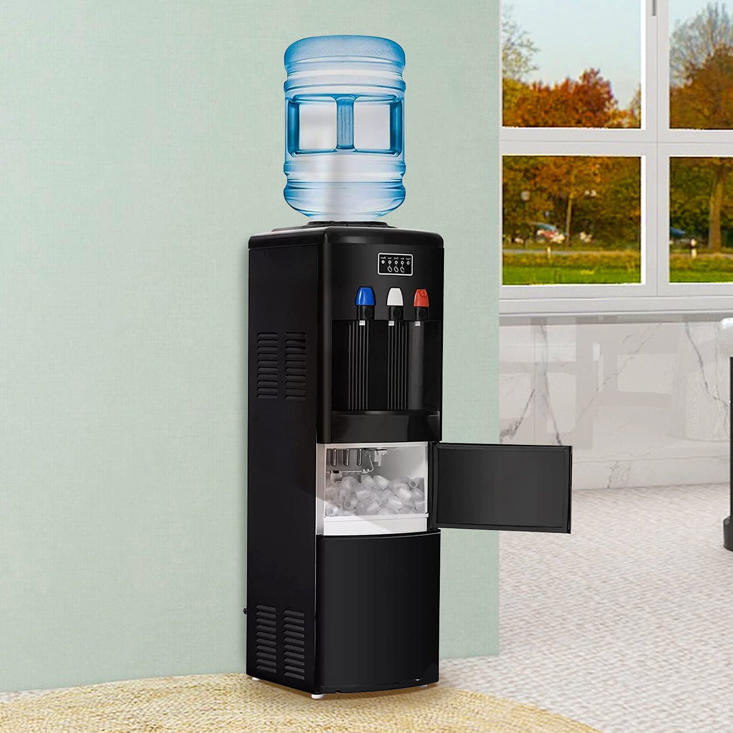 2-in-1 Water Cooler Dispenser with Built-in Ice Maker, Electric Hot Cold Water Cooler, 27LBS/24H Ice Maker Machine with Child Safety Lock (Black) - COOLBABY