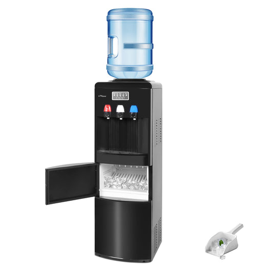 2-in-1 Water Cooler Dispenser with Built-in Ice Maker, Electric Hot Cold Water Cooler, 27LBS/24H Ice Maker Machine with Child Safety Lock (Black) - COOLBABY