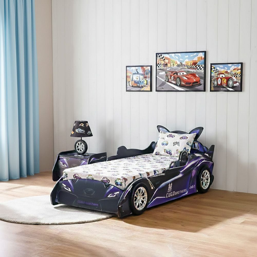 Cugo Brothers 90×190 Car Bed – Purple & Black, Engineered Wood, Melamine Finish, Slatted Base - COOLBABY