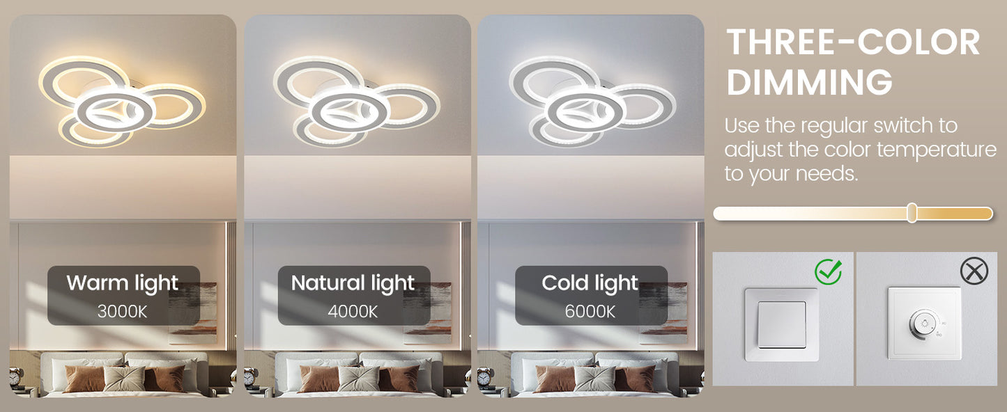 Modern LED Ceiling Light: White 3-Ring Flush Mount with 3-Color Dimming for Any Room - COOLBABY