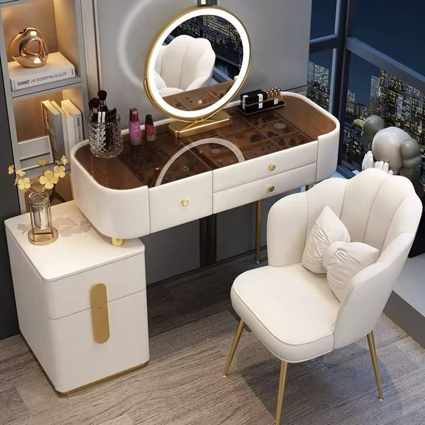 Modern Solid Wood Makeup Vanity Table Set with Smart Mirror and LED Lighting