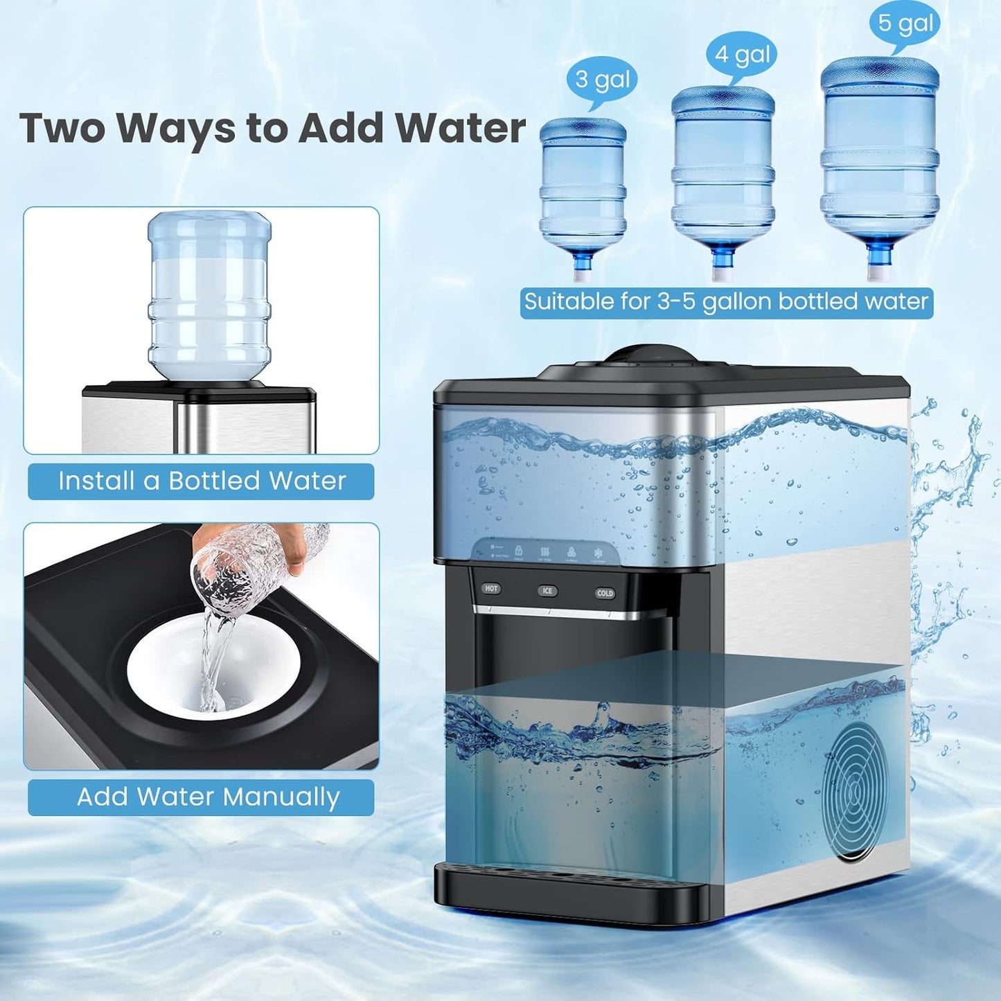 COOLBABY Water Dispenser Countertop, Cold & Hot Countertop Water Dispenser with Ice Maker, 12 Cubes/8Mins,Stainless Steel Construction - COOLBABY