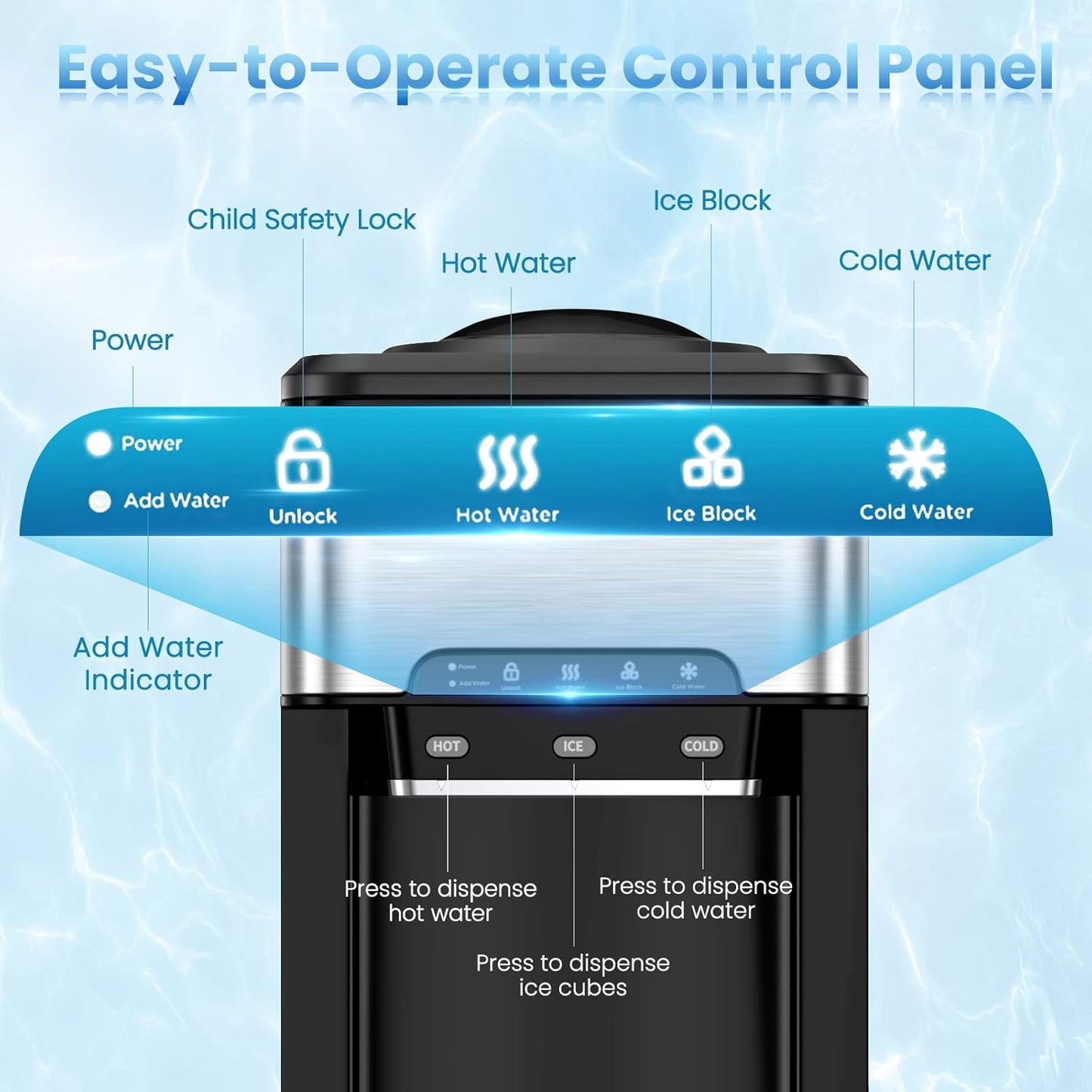 COOLBABY Water Dispenser Countertop, Cold & Hot Countertop Water Dispenser with Ice Maker, 12 Cubes/8Mins,Stainless Steel Construction - COOLBABY