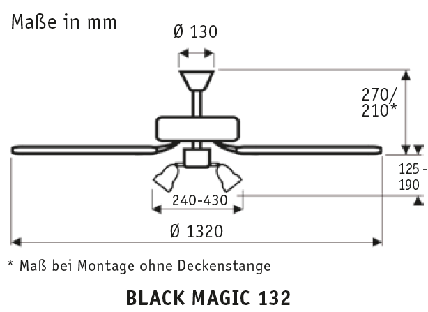 Black Ø132 Ceiling Fan With Pull Chain, 220/230 VAC, 50Hz