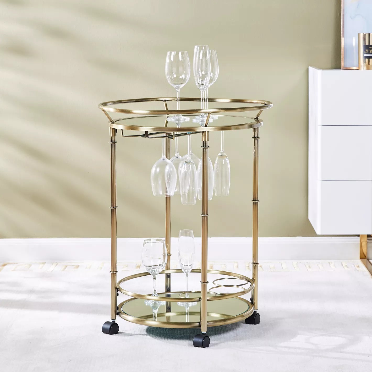 Luxury Serving Trolley, Durable Metal Frame With a Mirrored Top and Chrome-Plated Legs