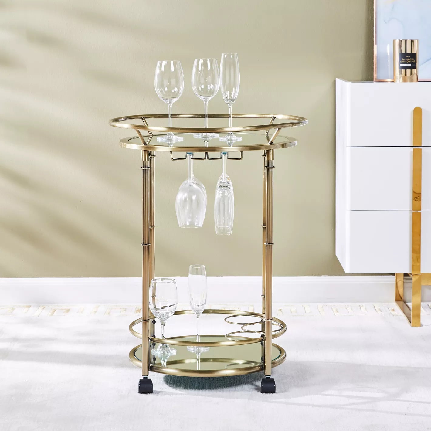 Luxury Serving Trolley, Durable Metal Frame With a Mirrored Top and Chrome-Plated Legs