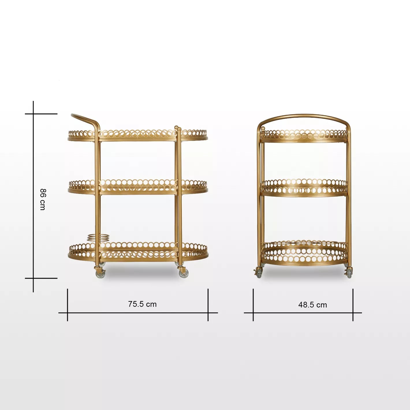 Modern Serving Trolley For Storage With Three Oval Shelves And Lockable Wheels