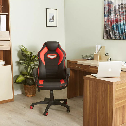 Gaming Chair, Semi-Ergonomic Office/Gaming Chair With Curved Arms And Easy Mobility - Red/Black