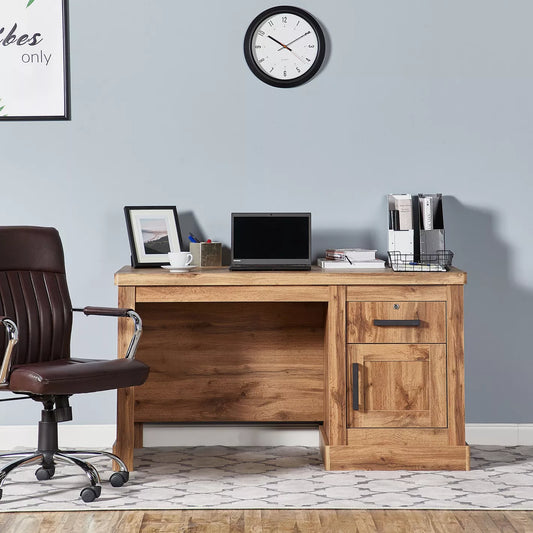 Home, Office Desk With 2 Pull-Out Drawers And A Storage Cabinet - Oak - COOLBABY