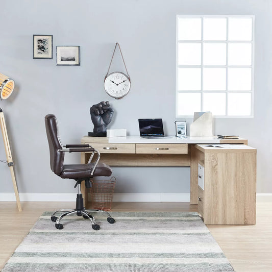 Corner Desk With Four Pull-Out Drawers For Storage - Cream/Oak - COOLBABY