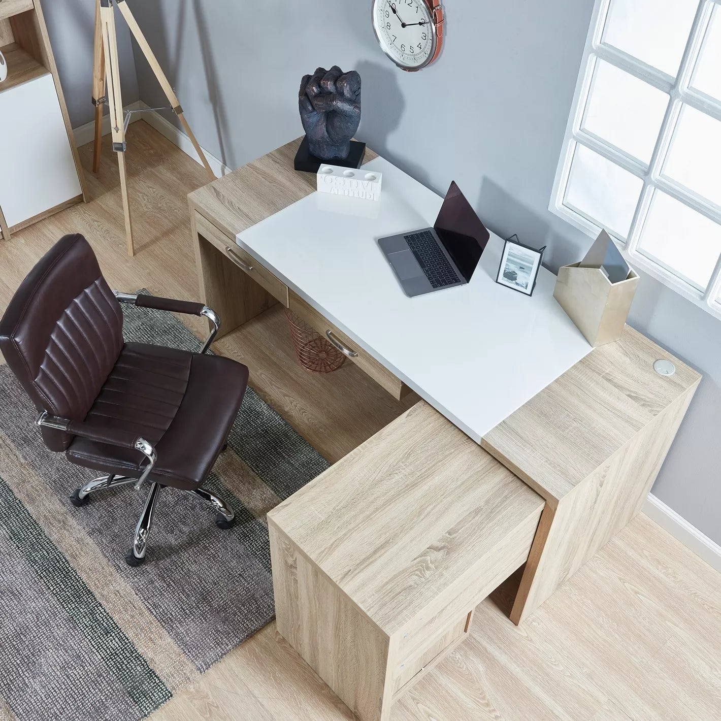 Corner Desk With Four Pull-Out Drawers For Storage - Cream/Oak - COOLBABY