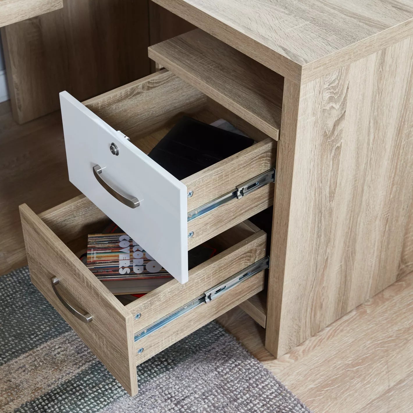 Corner Desk With Four Pull-Out Drawers For Storage - Cream/Oak - COOLBABY