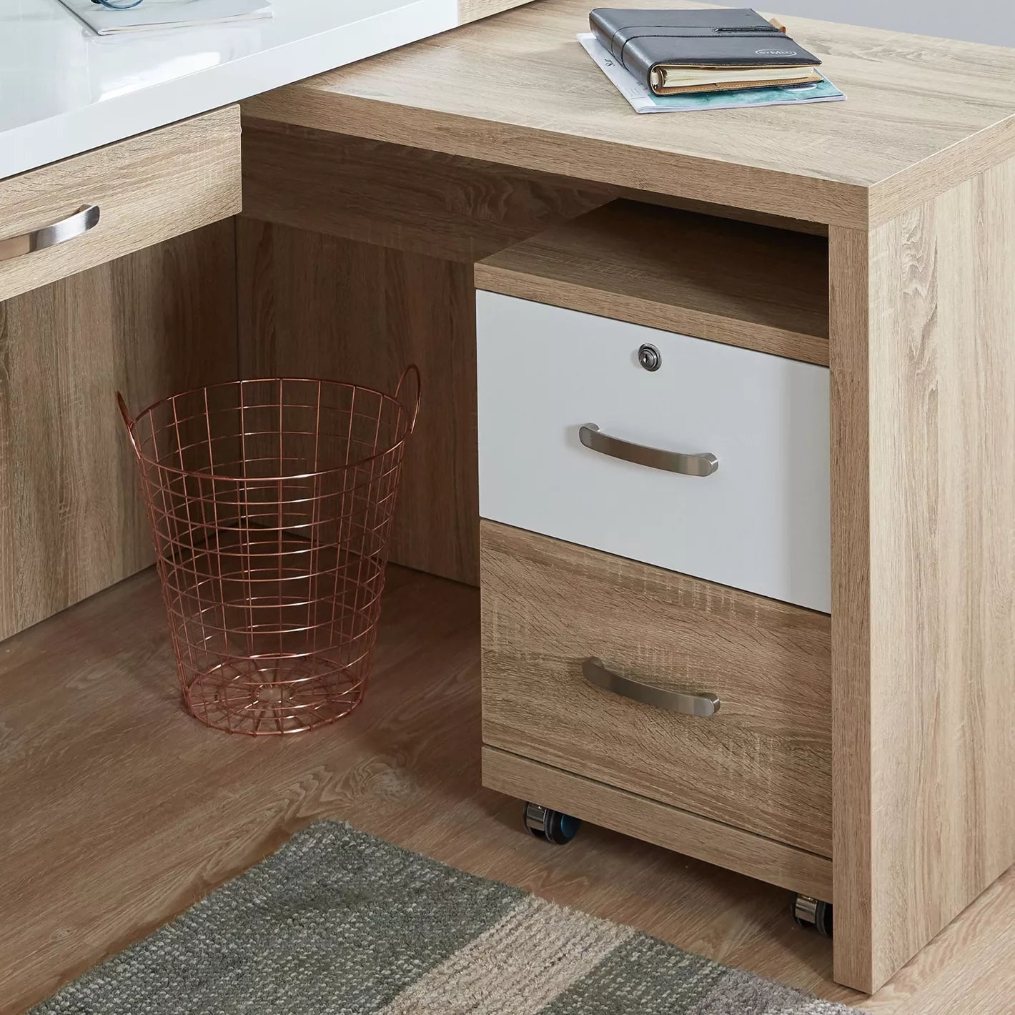 Corner Desk With Four Pull-Out Drawers For Storage - Cream/Oak - COOLBABY