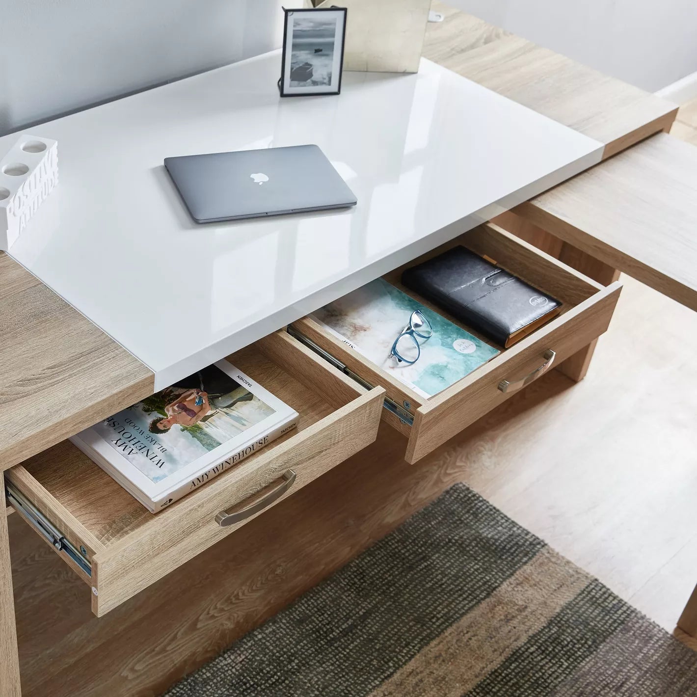 Corner Desk With Four Pull-Out Drawers For Storage - Cream/Oak - COOLBABY