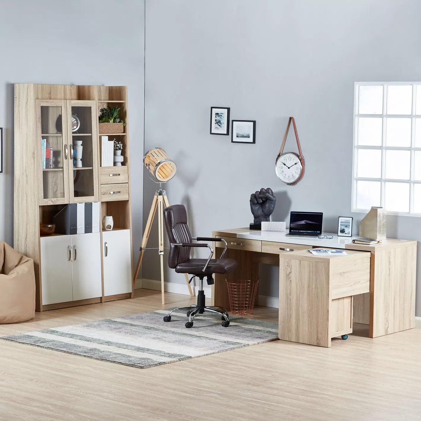 Corner Desk With Four Pull-Out Drawers For Storage - Cream/Oak - COOLBABY