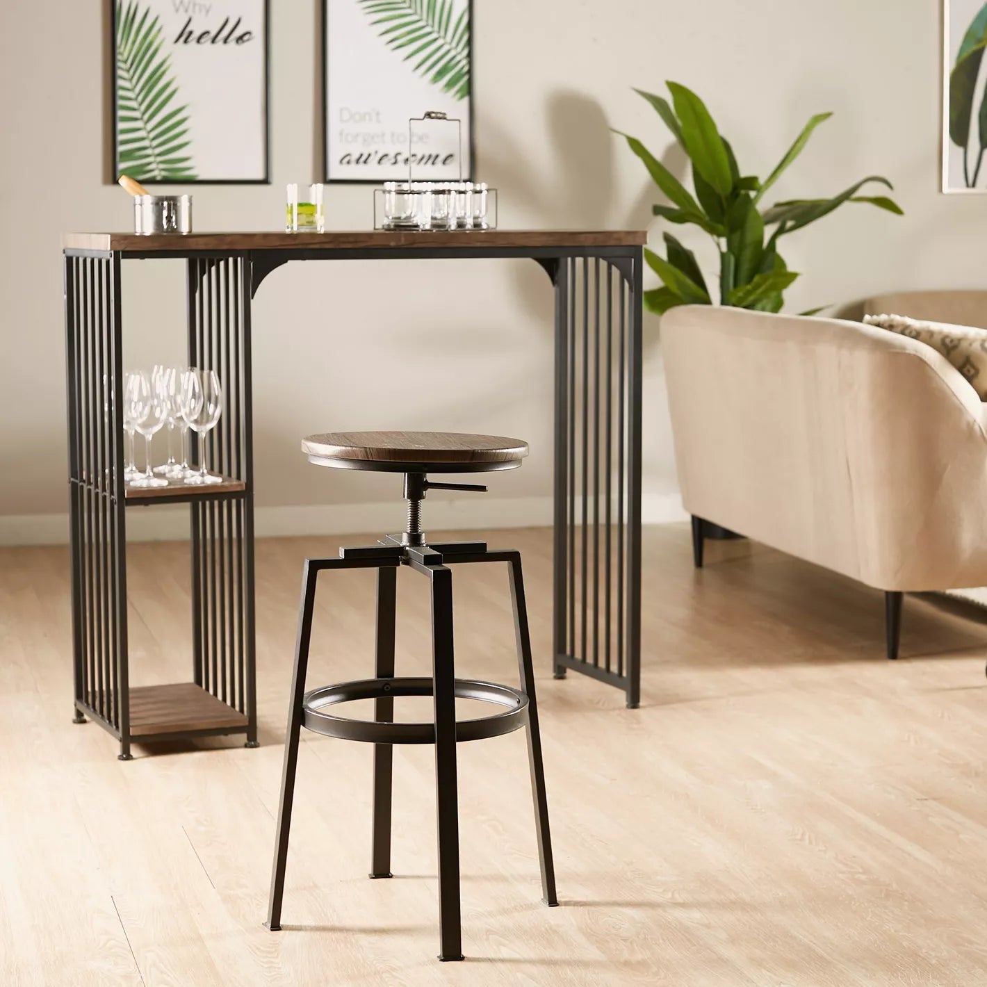 Wooden Top Bar Stool With Adjustable Height And Metal Legs - Black