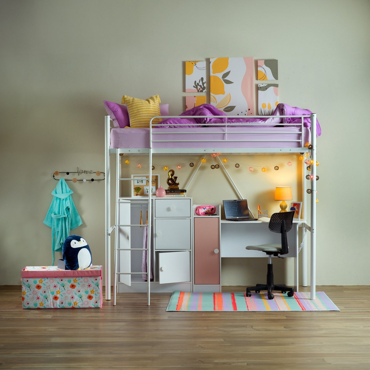 Metal Single Loft Bed 90x200 cm – Modern Space Saving Loft Bed with Reversible Ladder