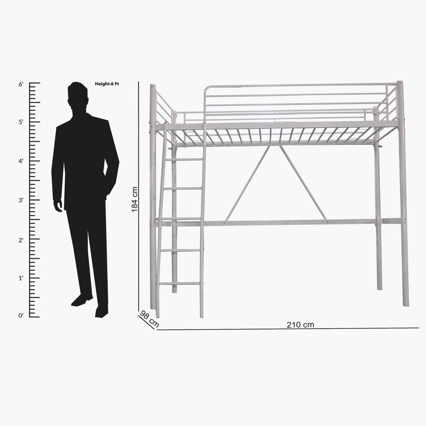 Metal Single Loft Bed 90x200 cm – Modern Space Saving Loft Bed with Reversible Ladder
