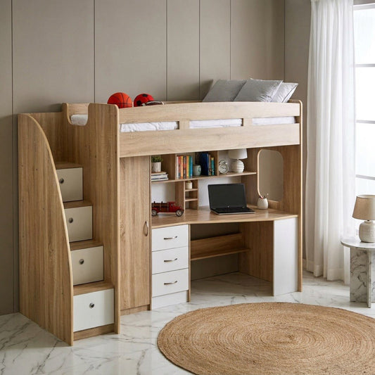 Single Loft Bed with Storage & Study Desk 90x190 cm – Space Saving Loft Bed with 7 Drawers